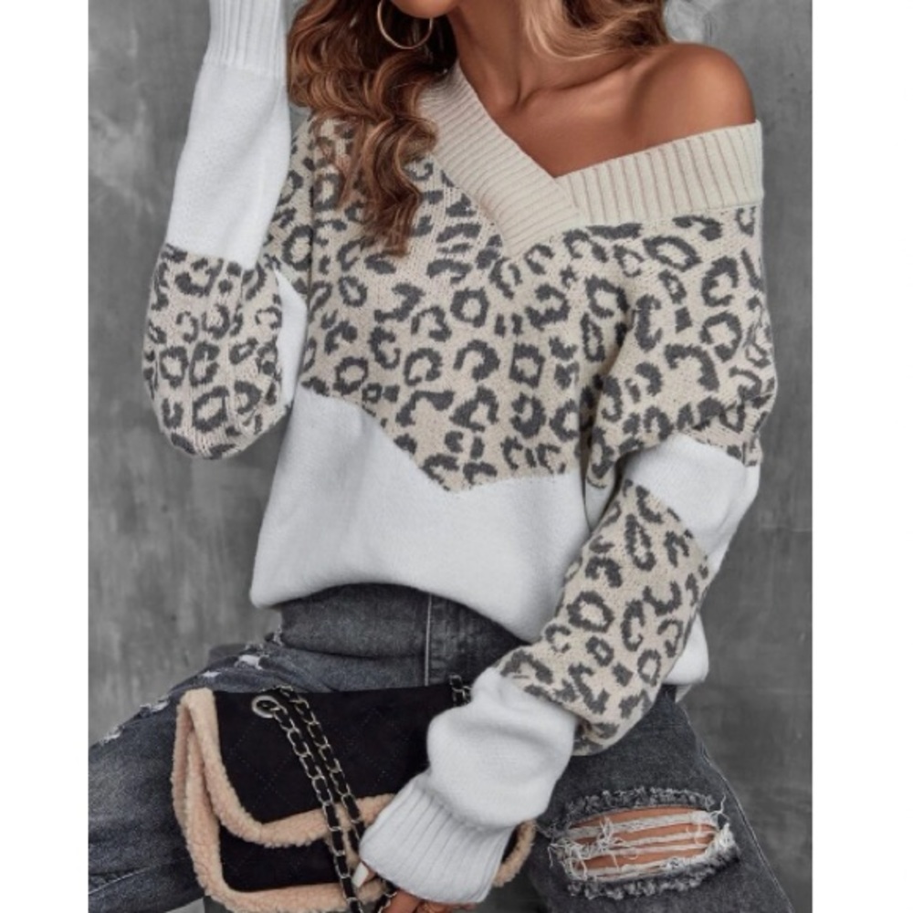 Luxe leopard print color block V neck sweater top